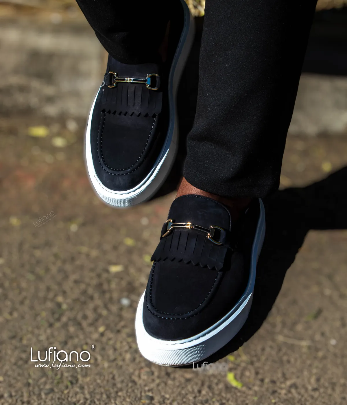 027C - Lufiano collection-Suede Leather loafers- Black