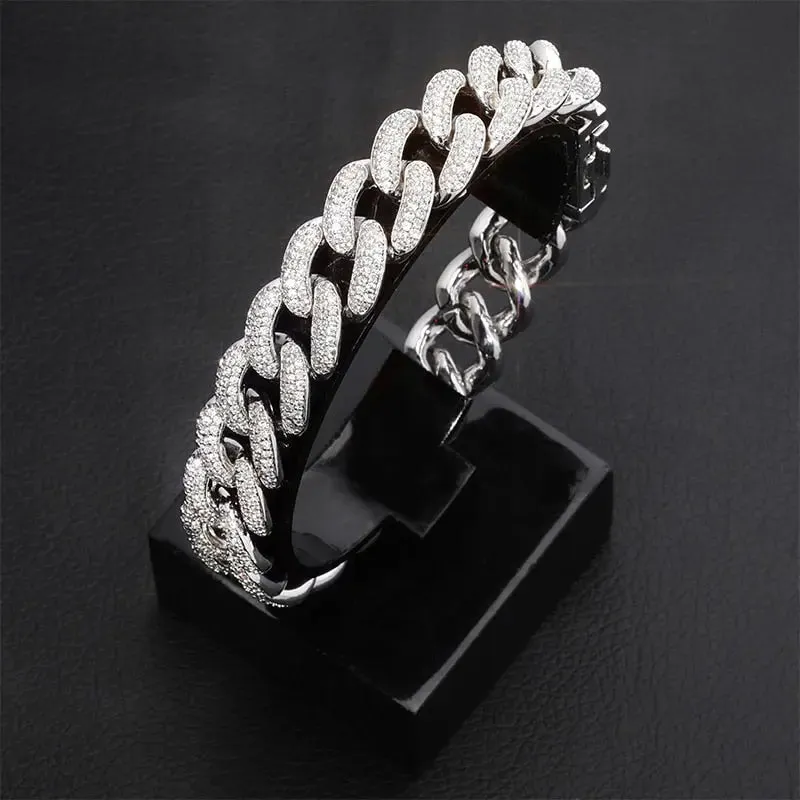 14mm Iced Cuban Link Bracelet in White Gold