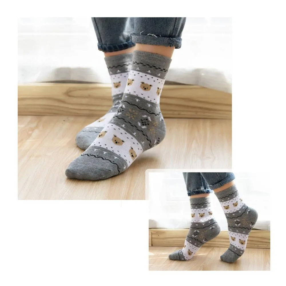 5 Pairs Lot Cotton Cute Little Bear Animal Pattern Long Socks for Women