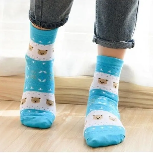 5 Pairs Lot Cotton Cute Little Bear Animal Pattern Long Socks for Women