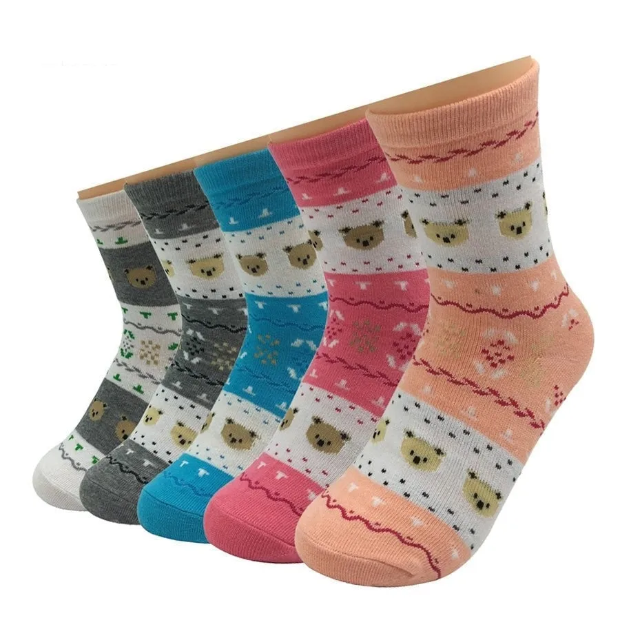 5 Pairs Lot Cotton Cute Little Bear Animal Pattern Long Socks for Women