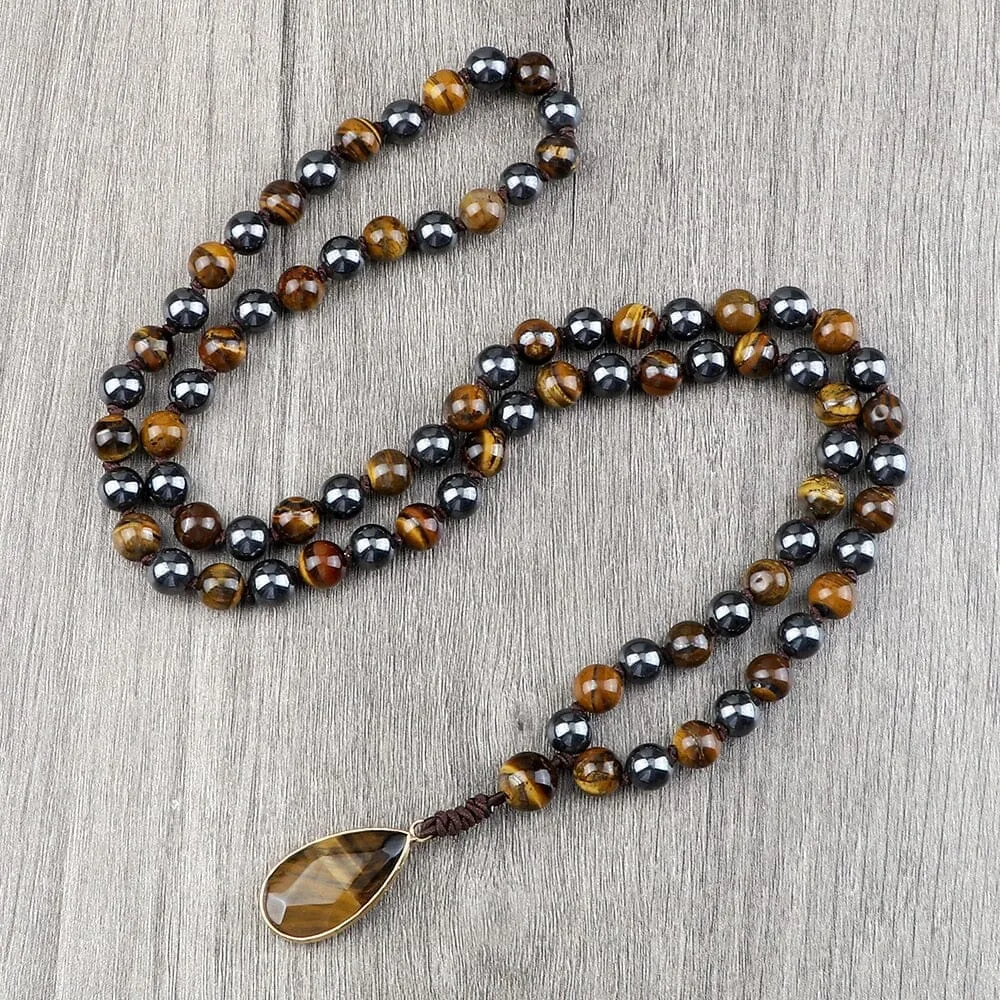 8mm Tiger Eye Stone Necklace Drop Pendant Handmade Knotted Irregular Hematite Beaded Necklace