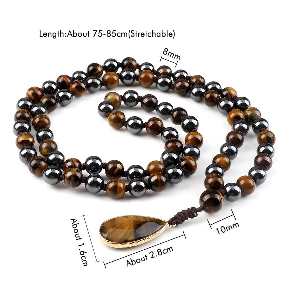 8mm Tiger Eye Stone Necklace Drop Pendant Handmade Knotted Irregular Hematite Beaded Necklace