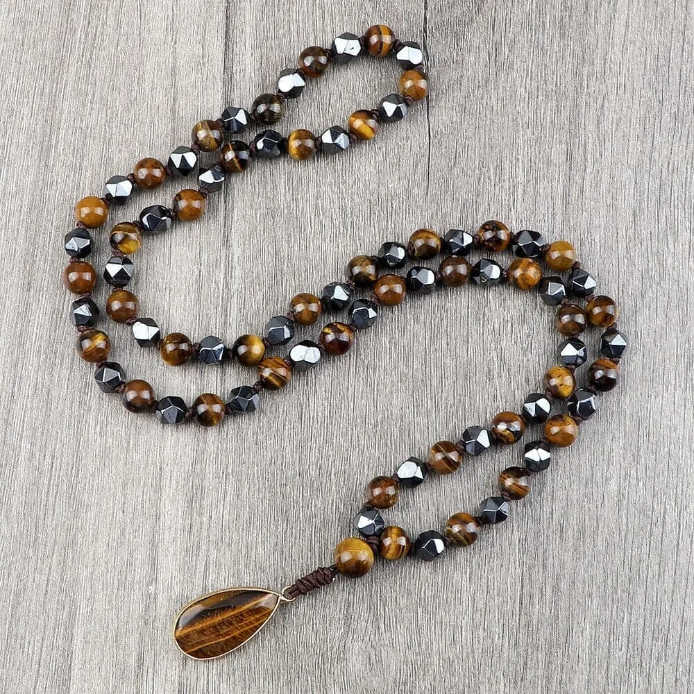 8mm Tiger Eye Stone Necklace Drop Pendant Handmade Knotted Irregular Hematite Beaded Necklace