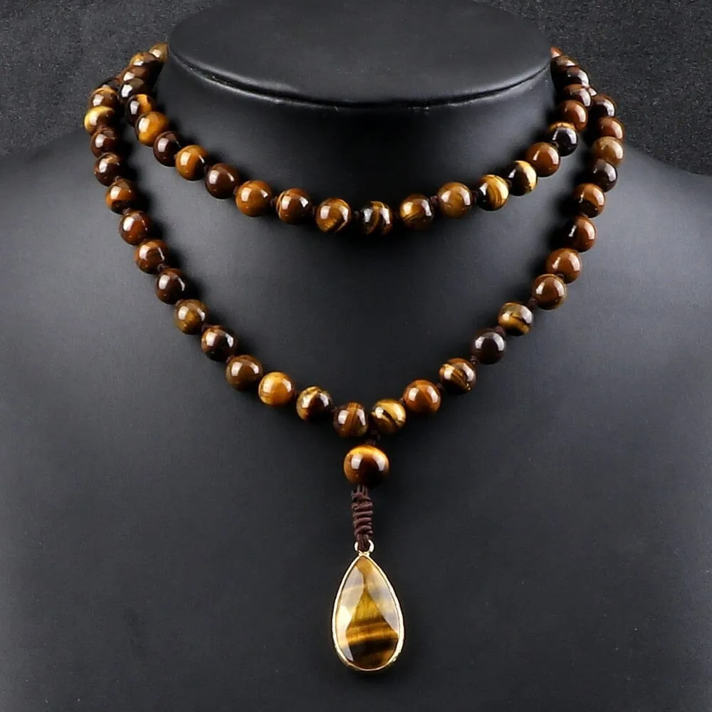 8mm Tiger Eye Stone Necklace Drop Pendant Handmade Knotted Irregular Hematite Beaded Necklace