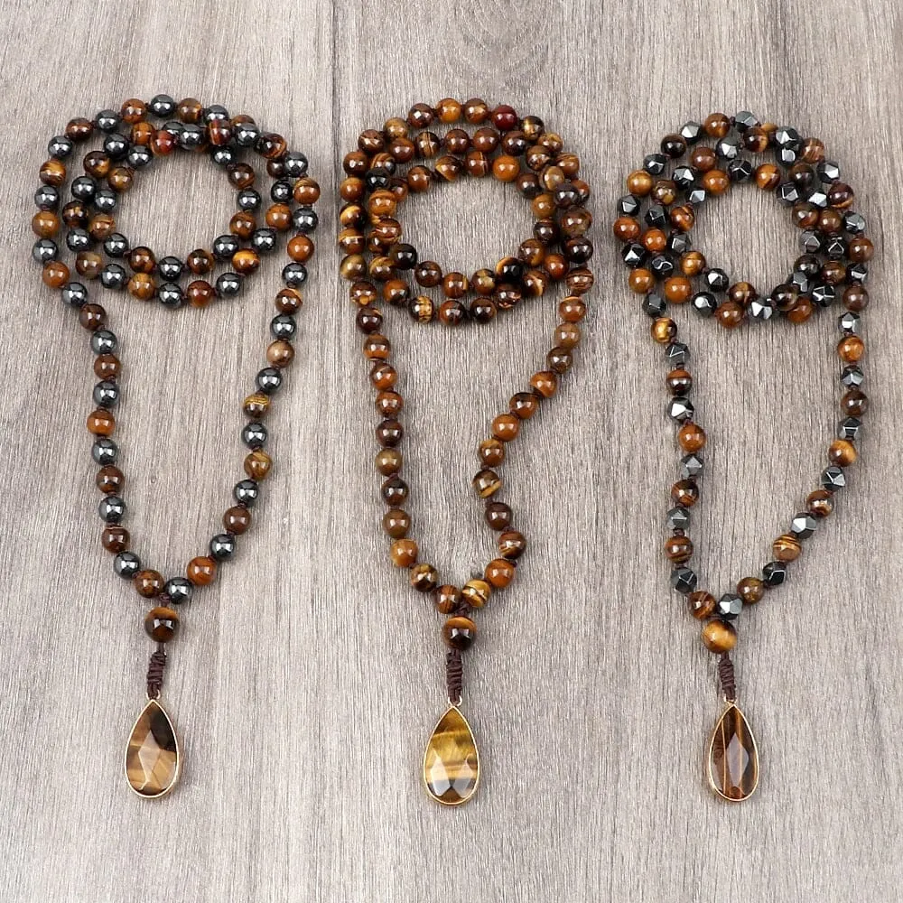 8mm Tiger Eye Stone Necklace Drop Pendant Handmade Knotted Irregular Hematite Beaded Necklace