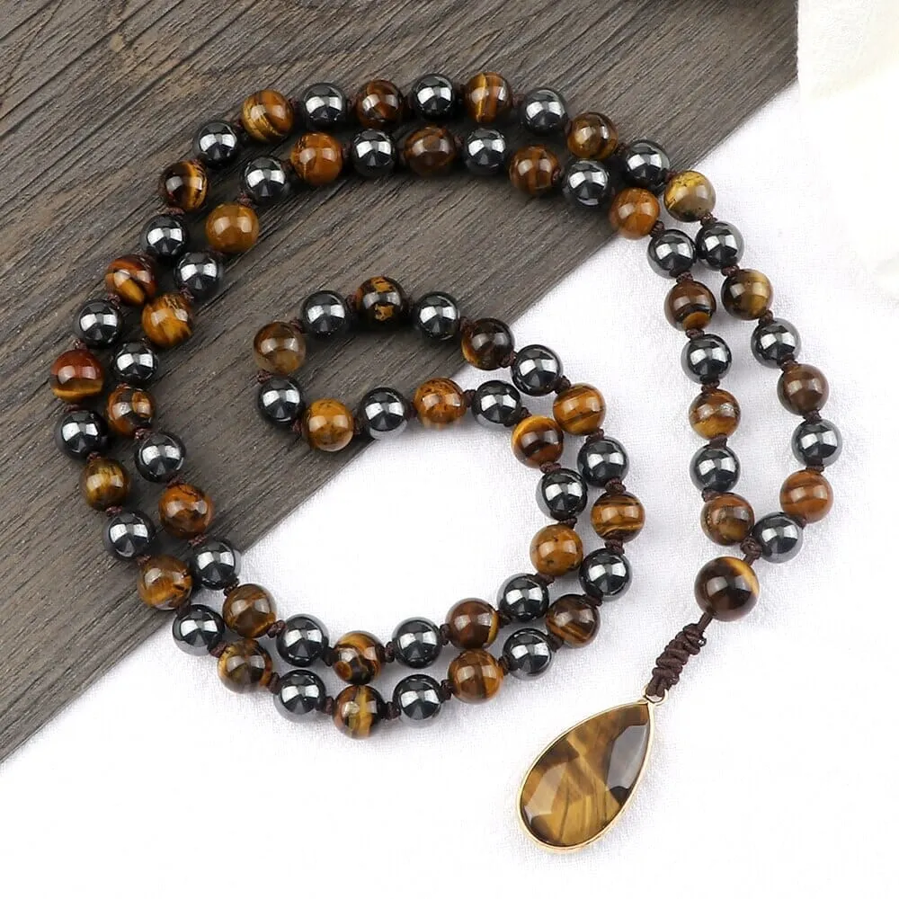 8mm Tiger Eye Stone Necklace Drop Pendant Handmade Knotted Irregular Hematite Beaded Necklace