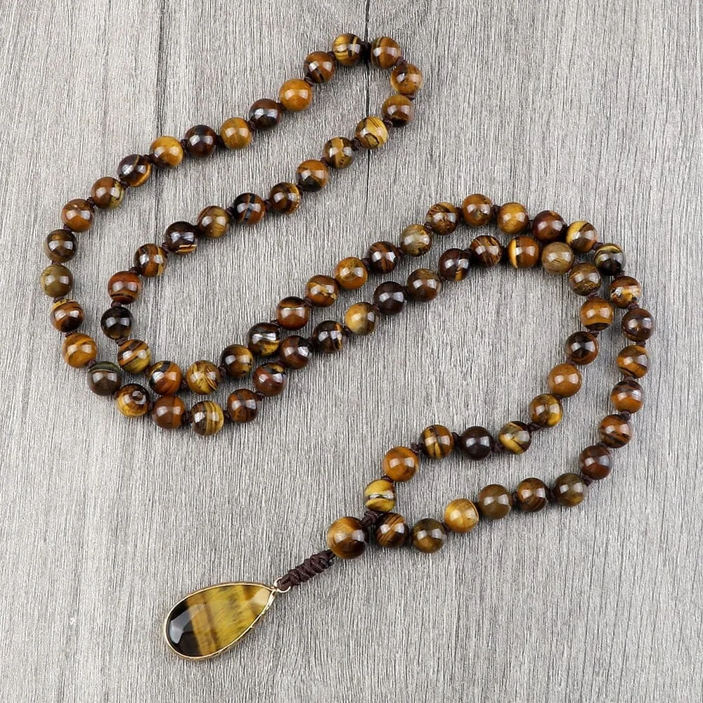 8mm Tiger Eye Stone Necklace Drop Pendant Handmade Knotted Irregular Hematite Beaded Necklace