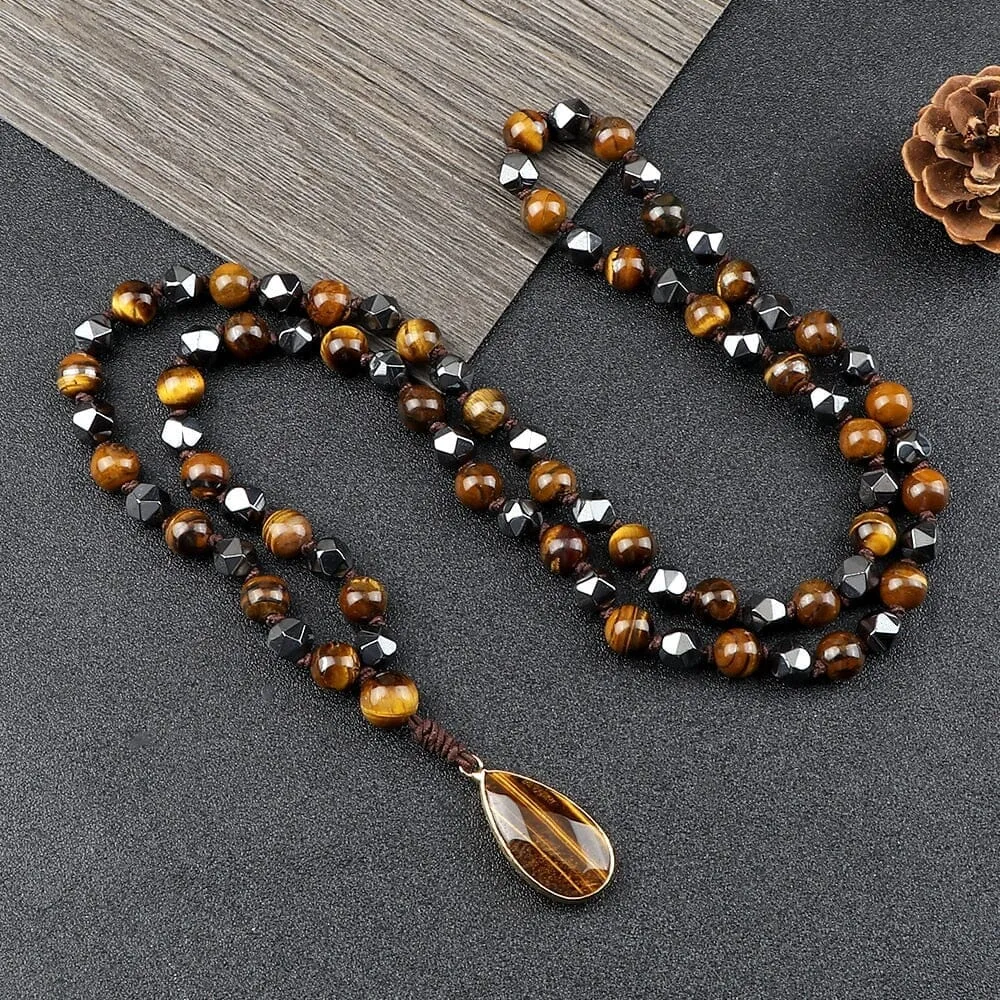 8mm Tiger Eye Stone Necklace Drop Pendant Handmade Knotted Irregular Hematite Beaded Necklace