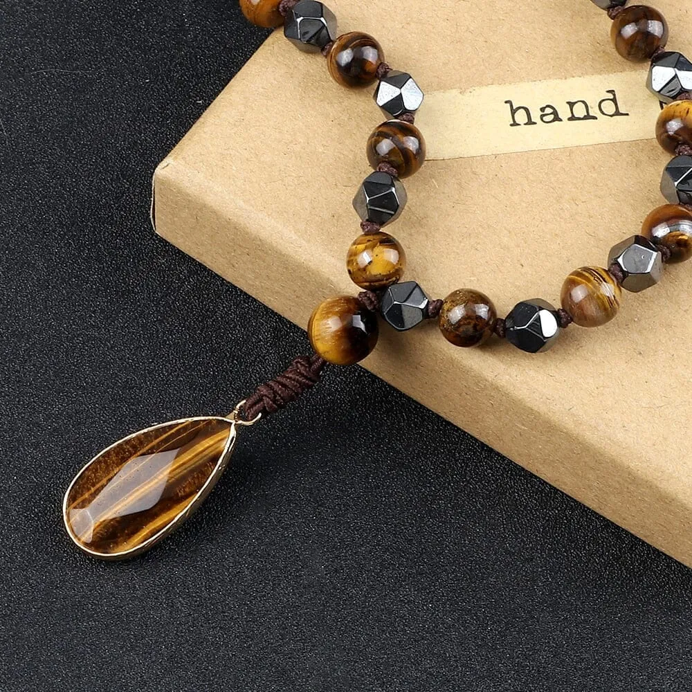 8mm Tiger Eye Stone Necklace Drop Pendant Handmade Knotted Irregular Hematite Beaded Necklace