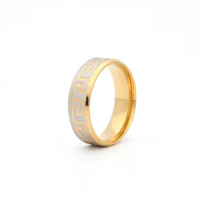 8mm Wide Stainless Steel Two-Tone Greek Key Accented Matt Finish Ring