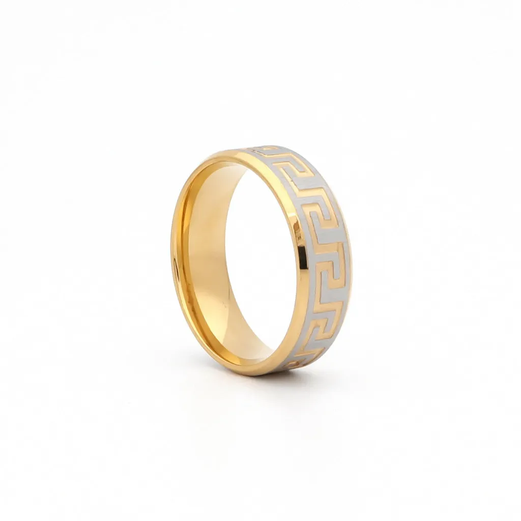 8mm Wide Stainless Steel Two-Tone Greek Key Accented Matt Finish Ring