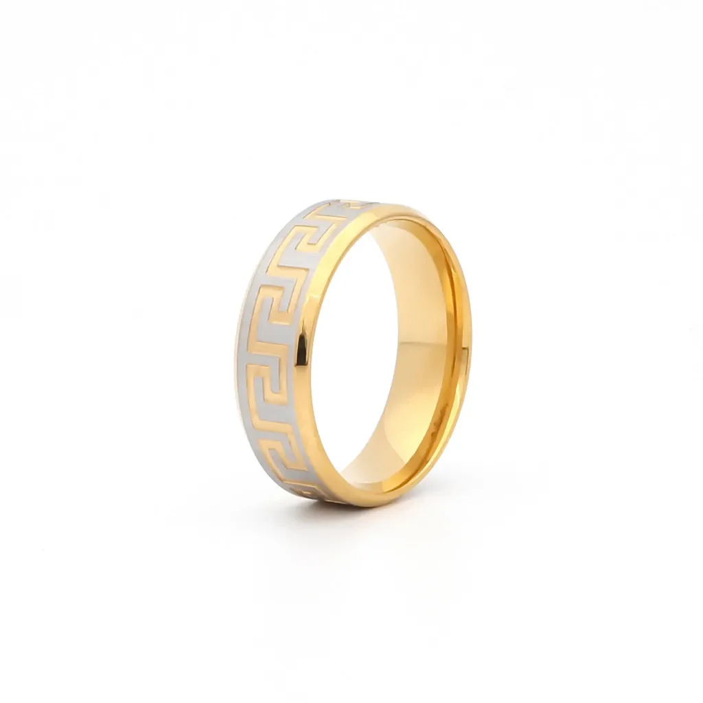 8mm Wide Stainless Steel Two-Tone Greek Key Accented Matt Finish Ring