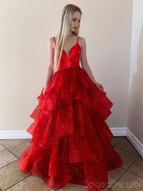 A-line Spaghetti Straps Red Long Prom Dresses, Sweet 16 Prom Dresses, 12509