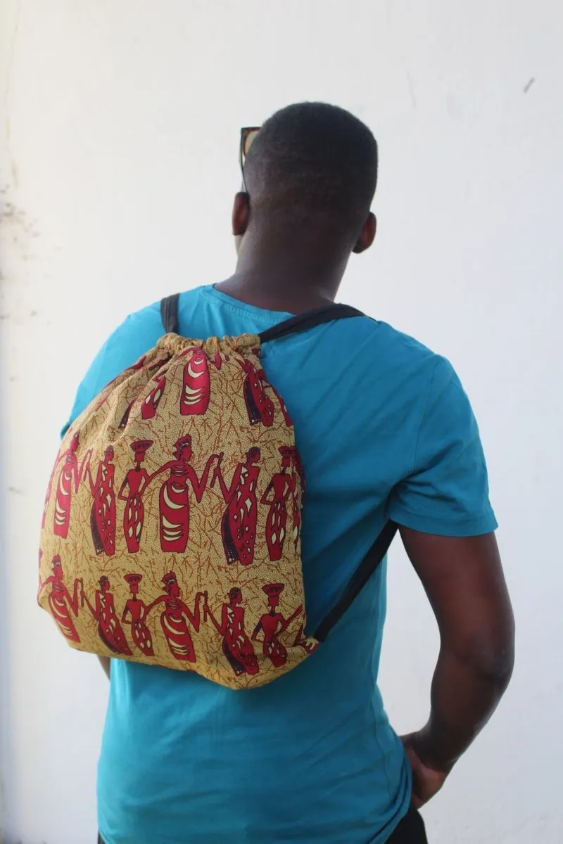 African Print String Bag in Brown Tribal Print