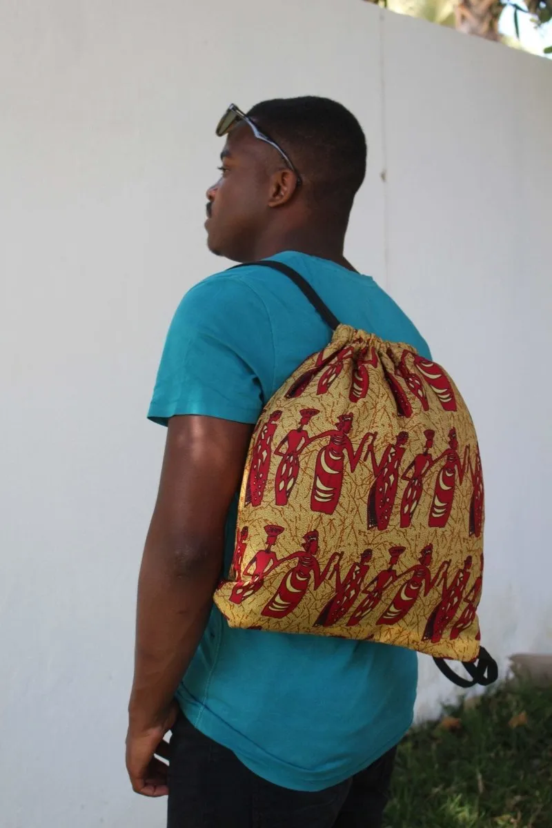 African Print String Bag in Brown Tribal Print