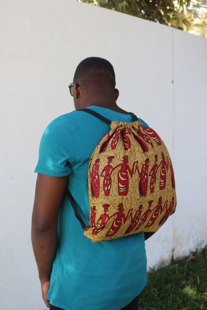 African Print String Bag in Brown Tribal Print