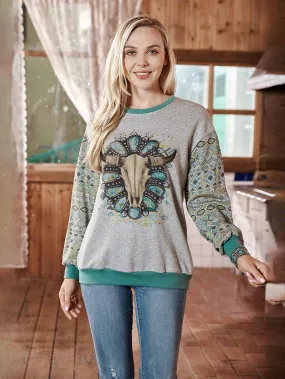 American Bling Women Bull Skull Patchwork Aztec Sweatshirt