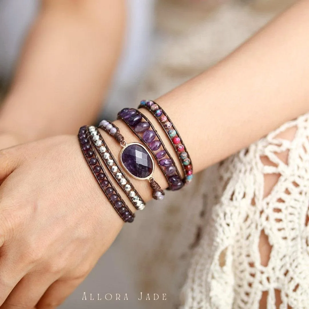 Amethyst Charm Jasper Wax Cord Wrap Bracelet