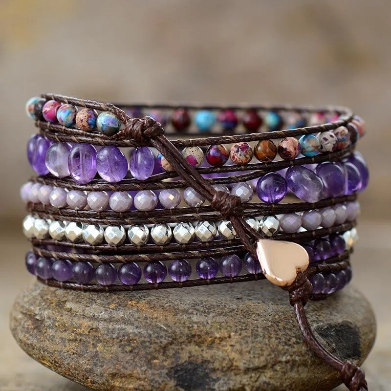 Amethyst Charm Jasper Wax Cord Wrap Bracelet