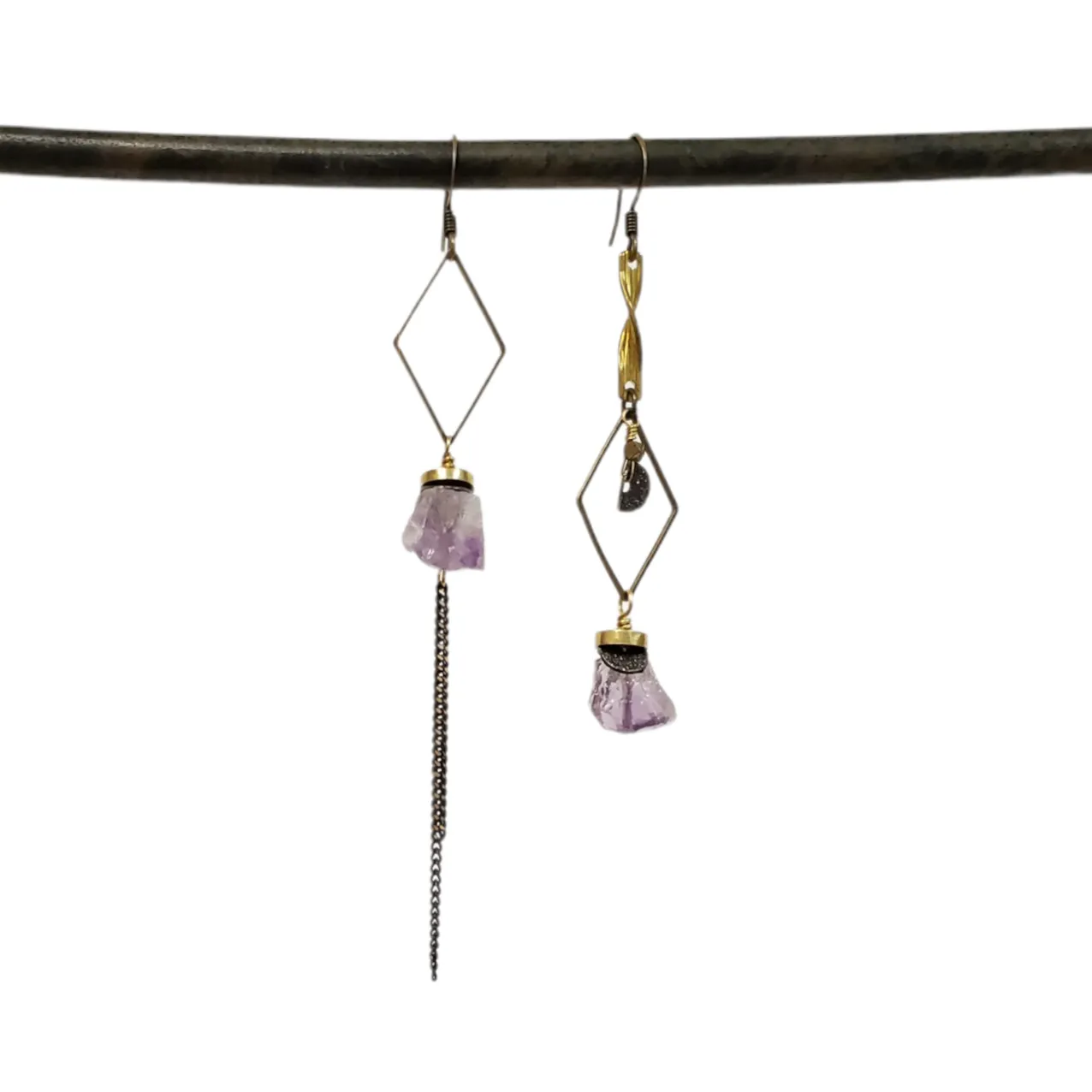 Asymmetric Raw Amethyst Stone Drop Earrings