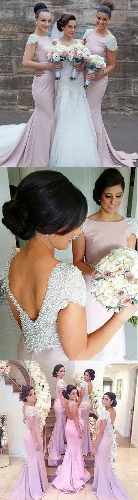 Beading Cap Sleeve Open Back Sexy Mermaid Ruffles Chapel Trailing Long Bridesmaid Dresses,CB0002