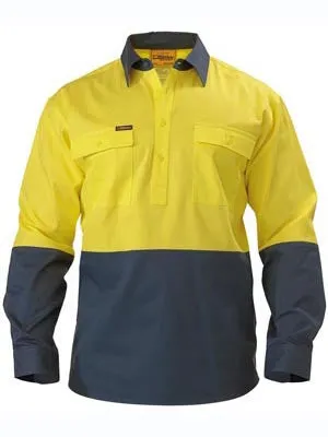 Bisley Hi Vis 2 Tone Closed Front Long Sleeve Drill Shirt BSC6267