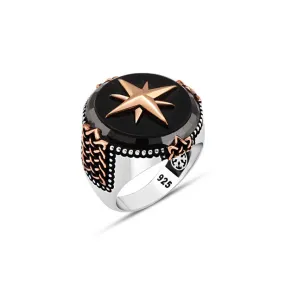 Black Circle Onyx Stone with Star Symbol Silver Men's Ring Web Pattern in Epaulet Shape