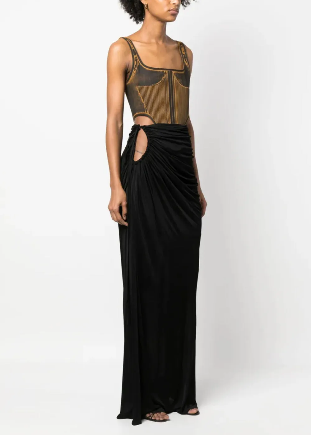 Black Draped Jersey Long Skirt