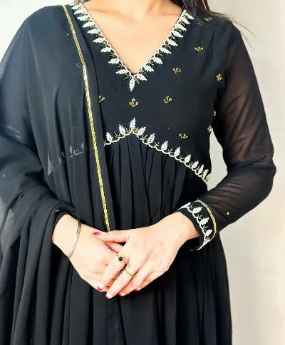 Black Georgette Alia Cut Partywear Anarkali Suit Set