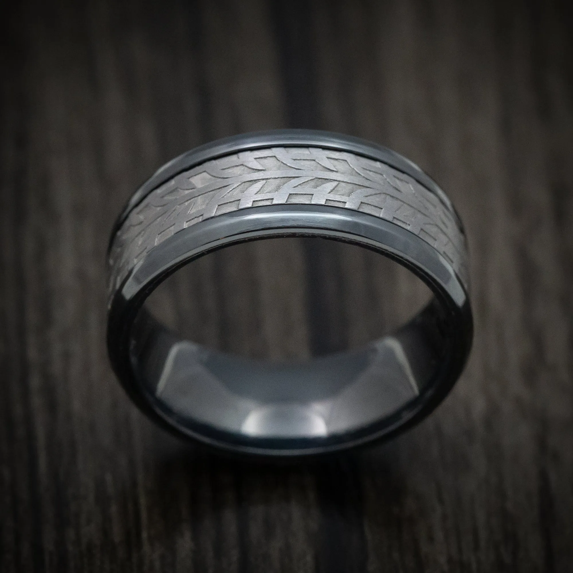 Black Titanium And Tire Tread Pattern Tantalum Custom Mens Ring