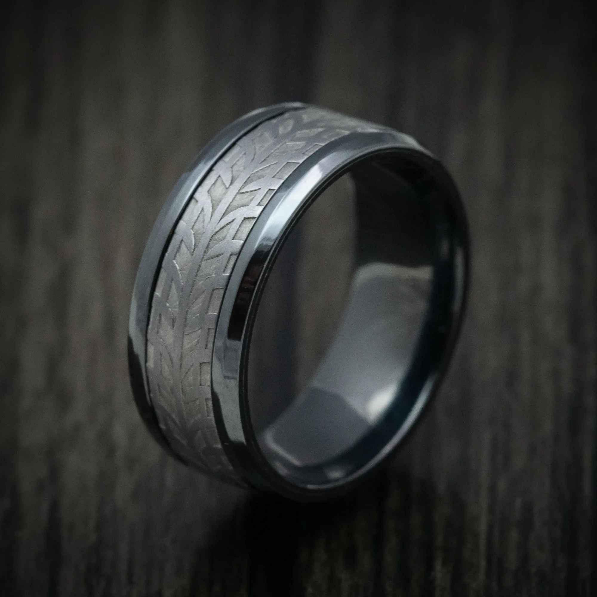 Black Titanium And Tire Tread Pattern Tantalum Custom Mens Ring