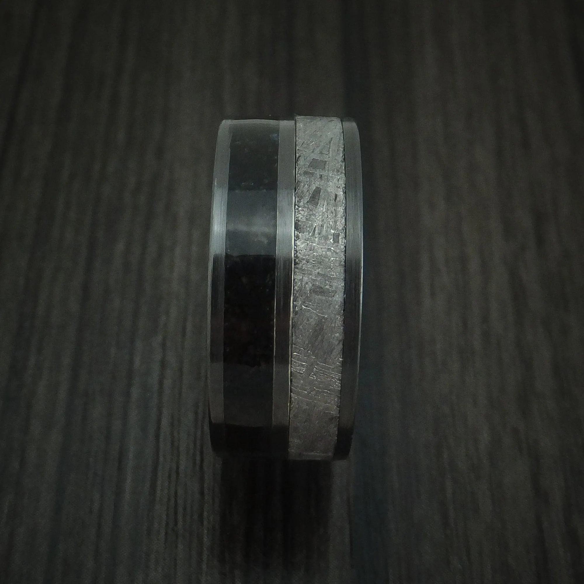 Black Zirconium Black Dinosaur Bone and Gibeon Meteorite Men's Ring Custom Made Fossil Band