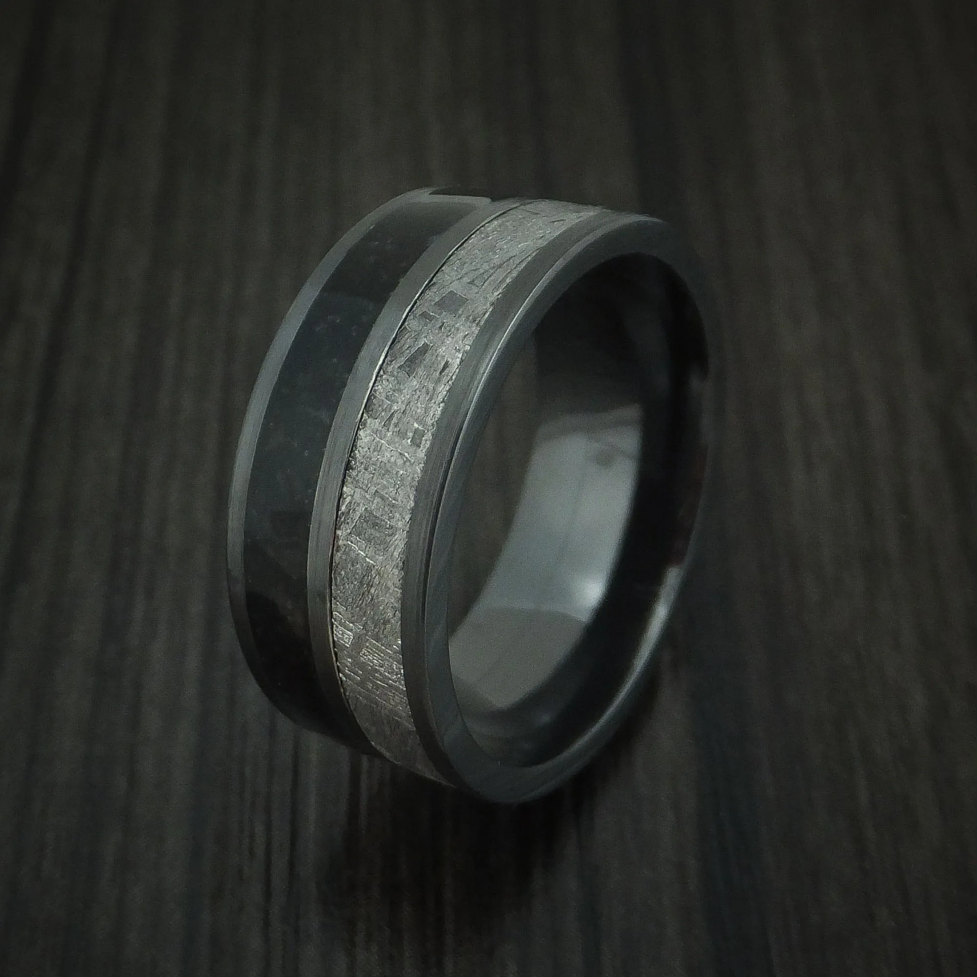 Black Zirconium Black Dinosaur Bone and Gibeon Meteorite Men's Ring Custom Made Fossil Band