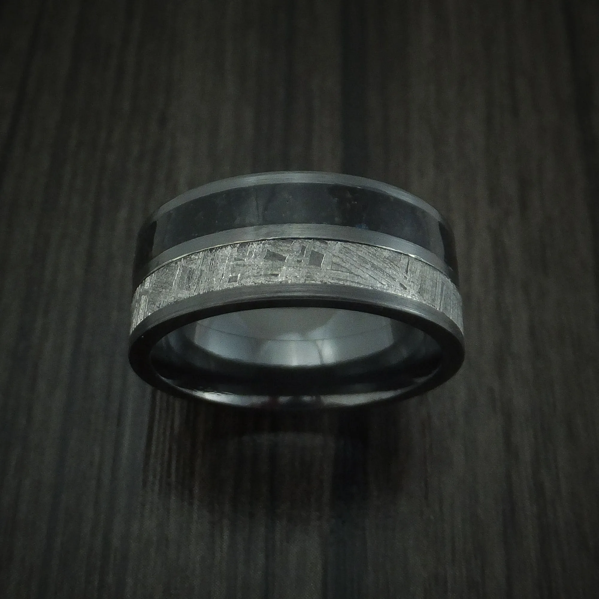 Black Zirconium Black Dinosaur Bone and Gibeon Meteorite Men's Ring Custom Made Fossil Band