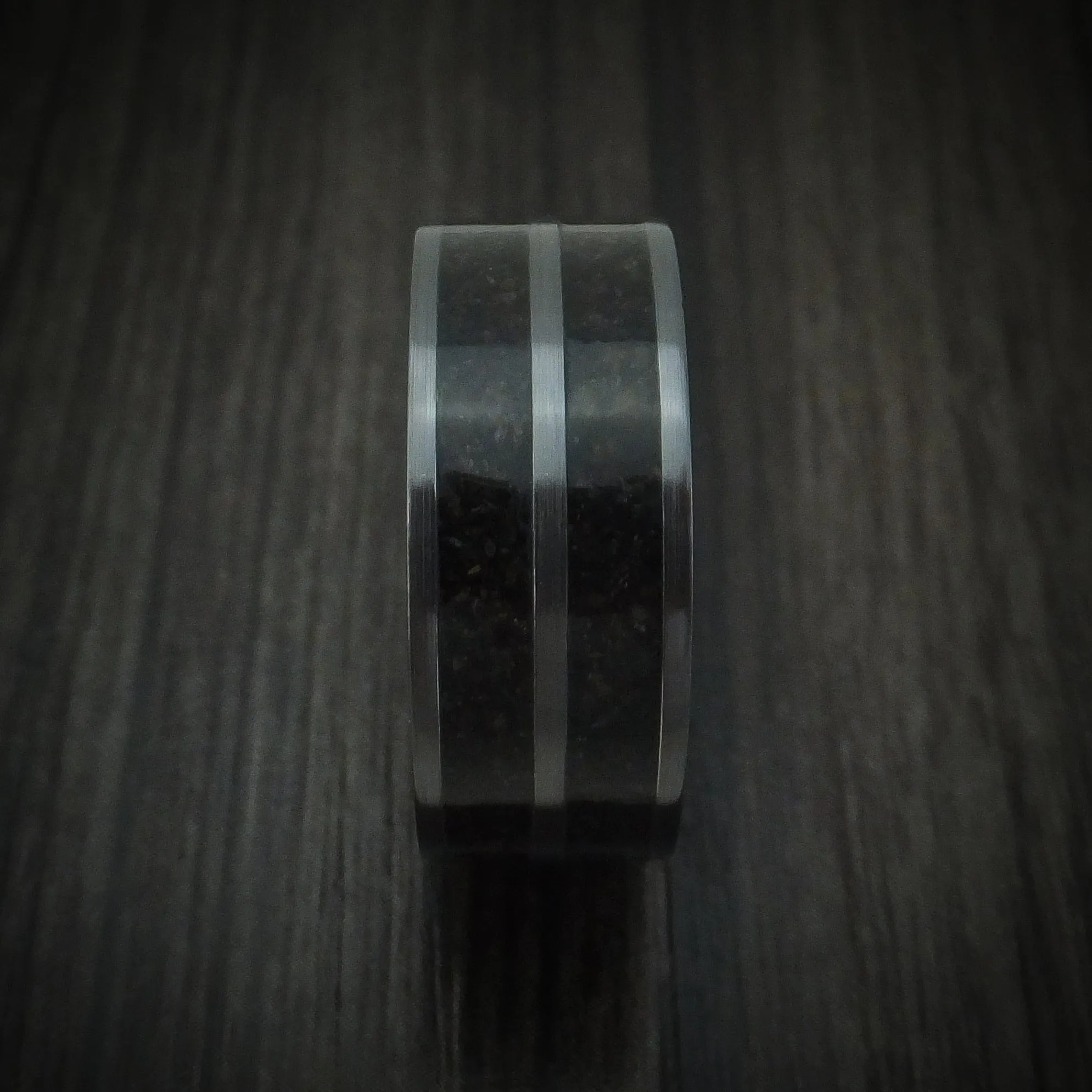 Black Zirconium Dinosaur Bone Men's Ring with Hardwood Sleeve