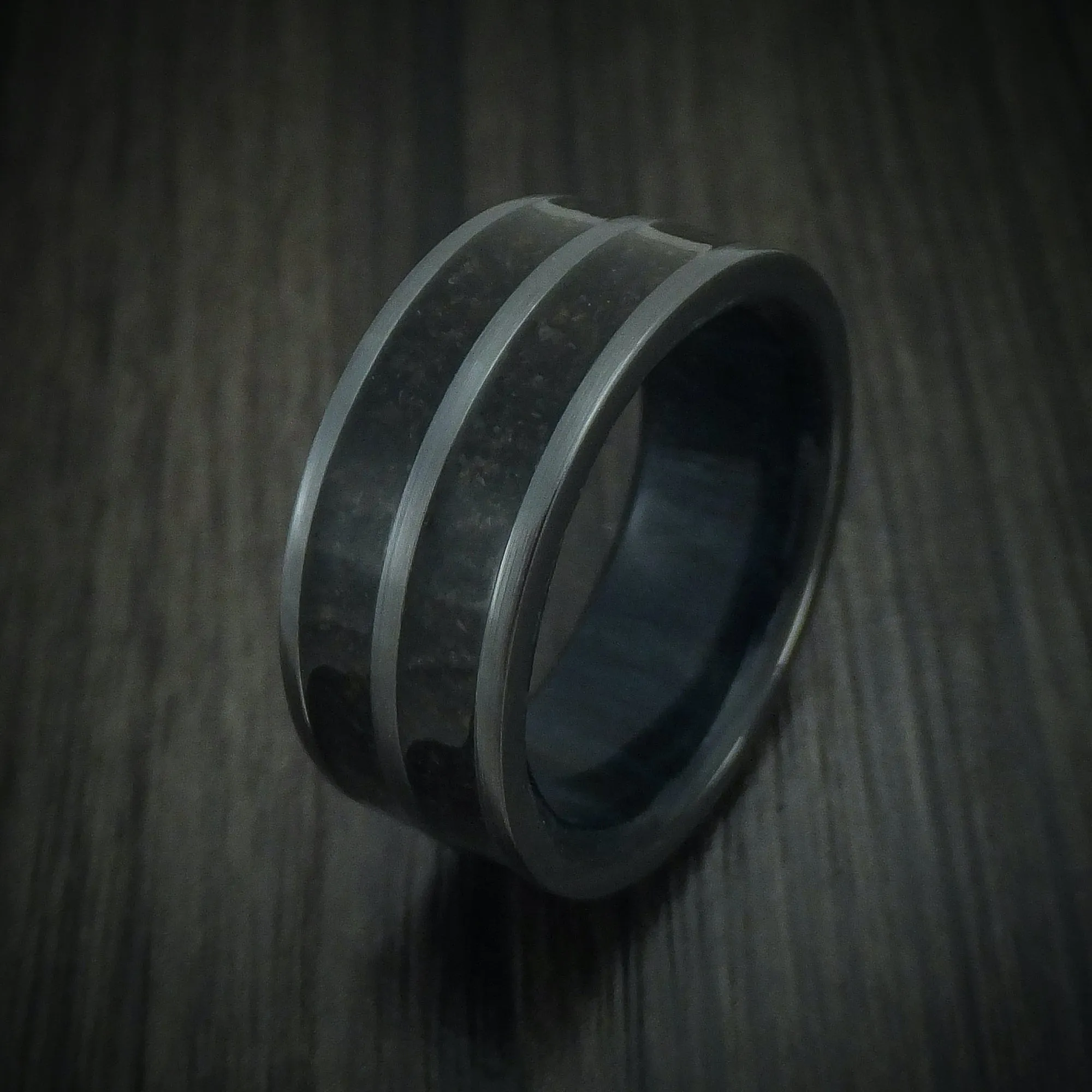 Black Zirconium Dinosaur Bone Men's Ring with Hardwood Sleeve