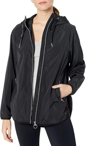 Calvin Klein Plus Women's Crossover-Back Hooded Rain Jacket, Black, L