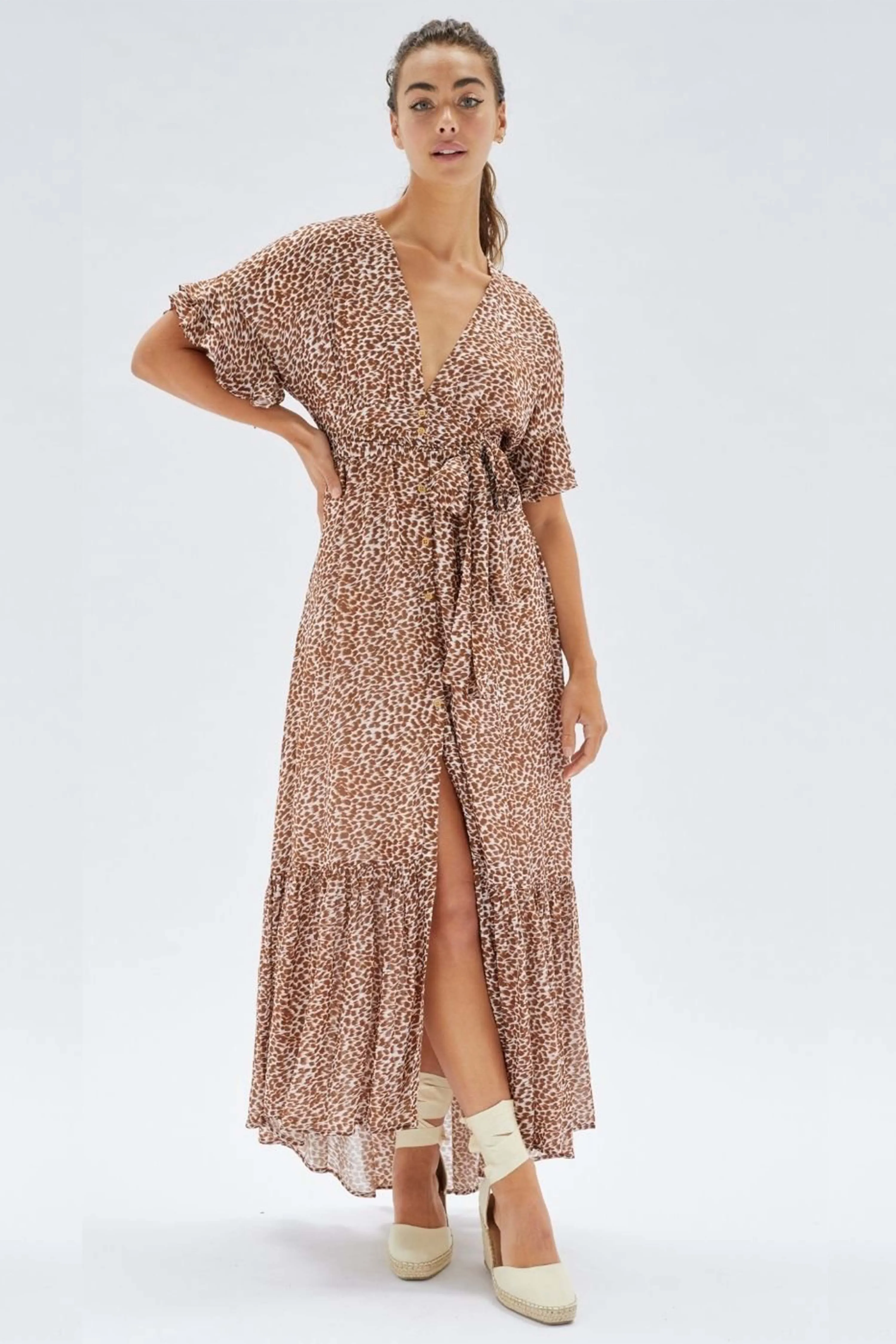 Cayman Hi Low Brown Mini Leopard Split Midi Dress