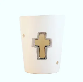 Ceramic tealight platinum silver cross design ivory white