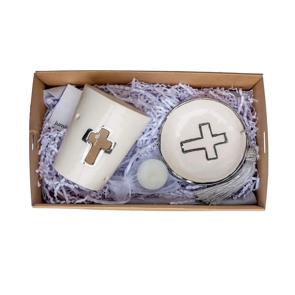 Ceramic tealight platinum silver cross design ivory white