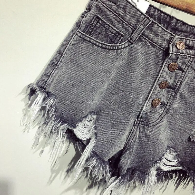 DESTROYED HIGH WAIST DENIM SHORTS