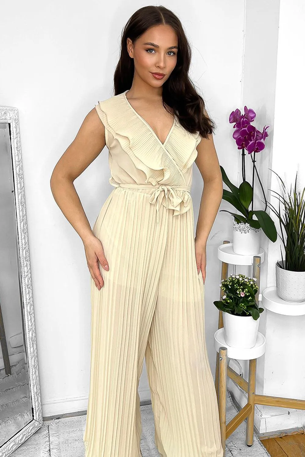 Frilled Front Sleeveless Chiffon Jumpsuit