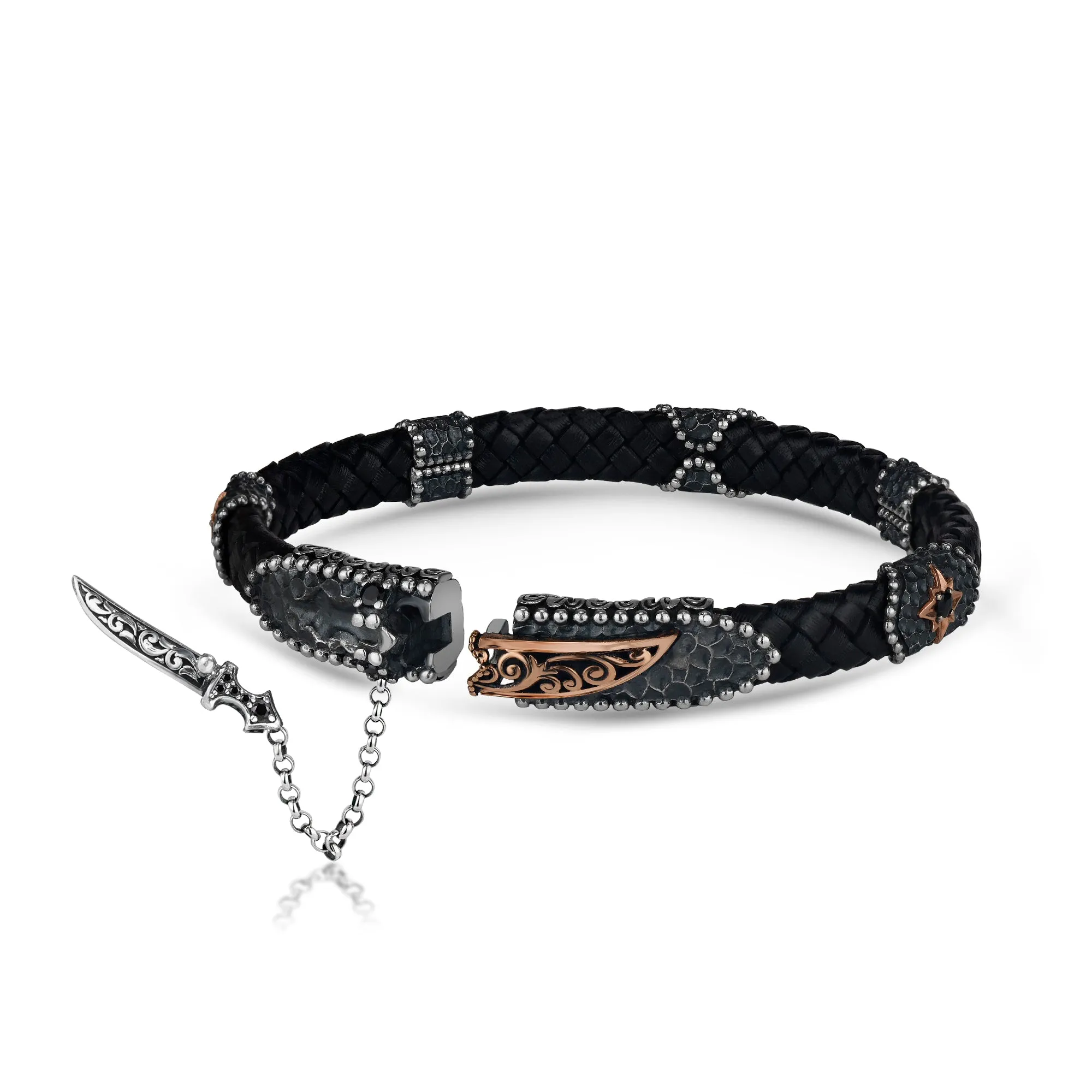 Genuine Leather Silver Bracelet with Unique Sword Lock Design