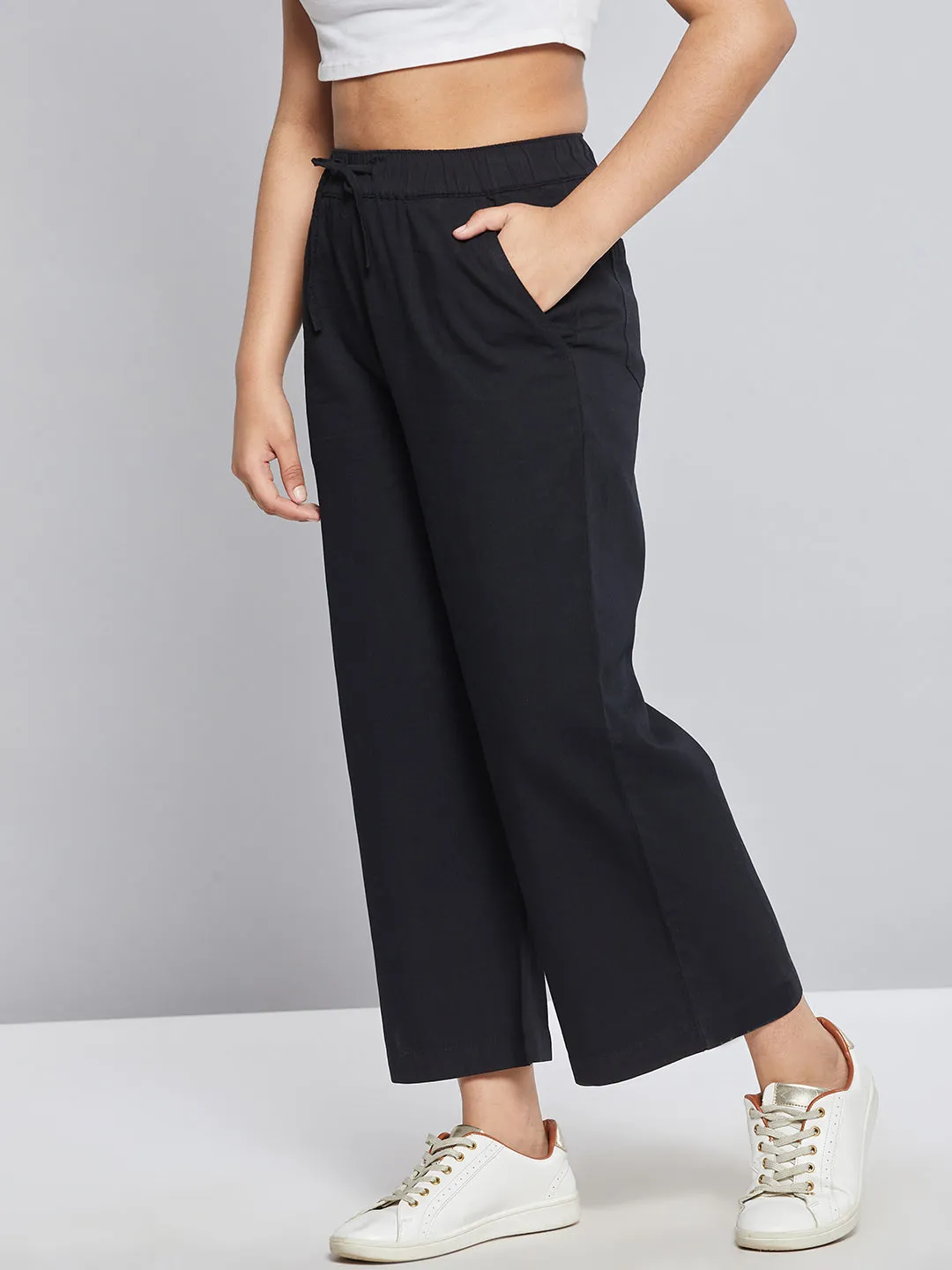 Girls Black Tencel Wide Leg Drawstring Pants