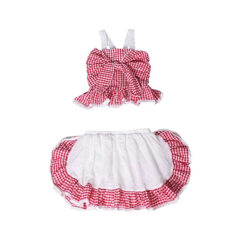 Girls Plaid Spaghetti Strap Top   Skirt 2 Pcs Set