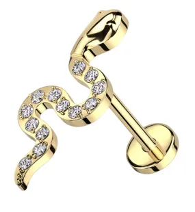 Gold PVD Snake Clear CZ Threadless Titanium Labret