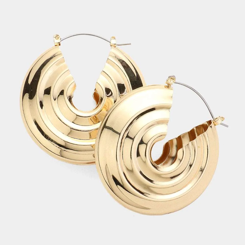 Gold Textured Swirl Metal Hoop Pin Catch Earrings