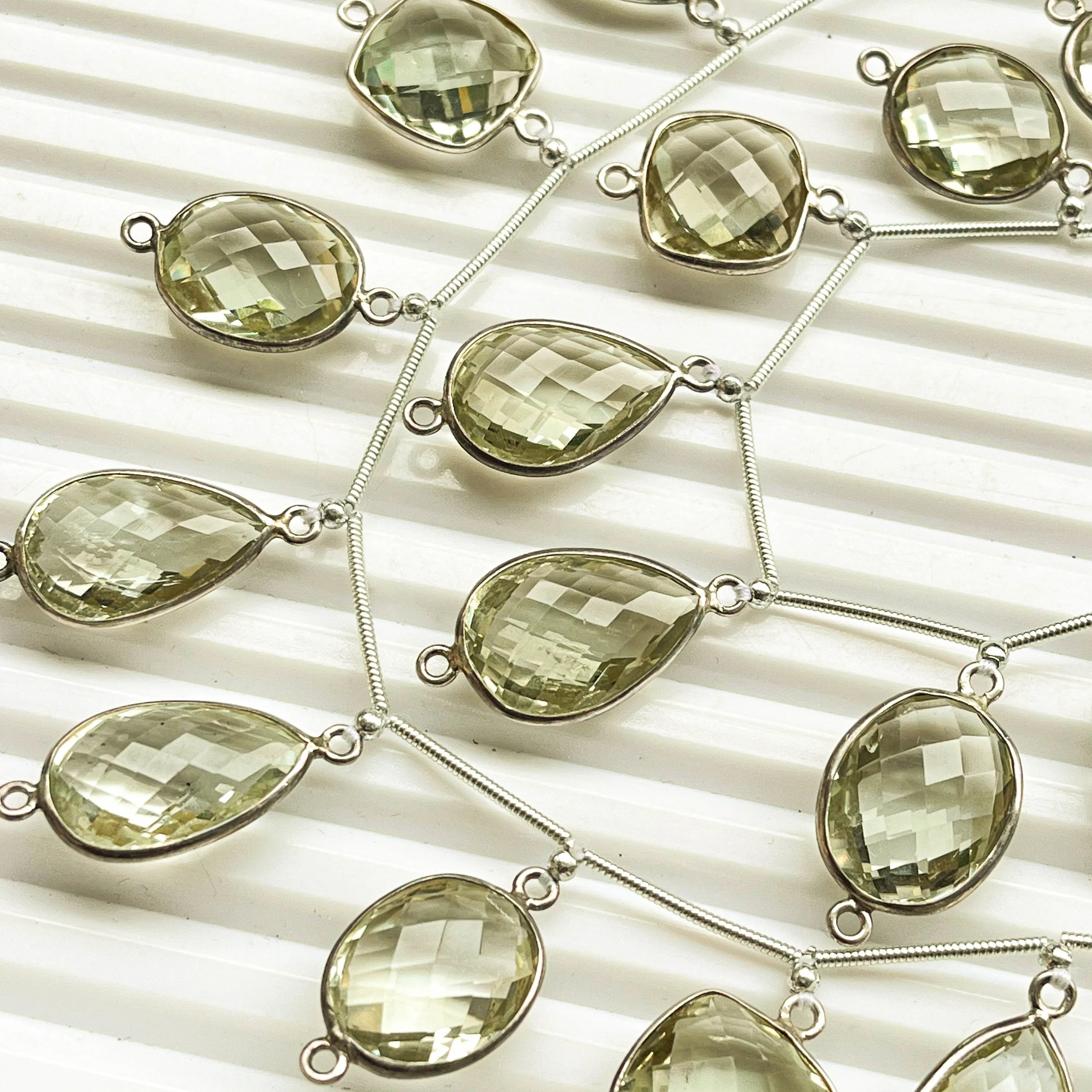 Green Amethyst Briolette Mix Shape Pair 925 Silver bezel set Connectors for Jewelry making