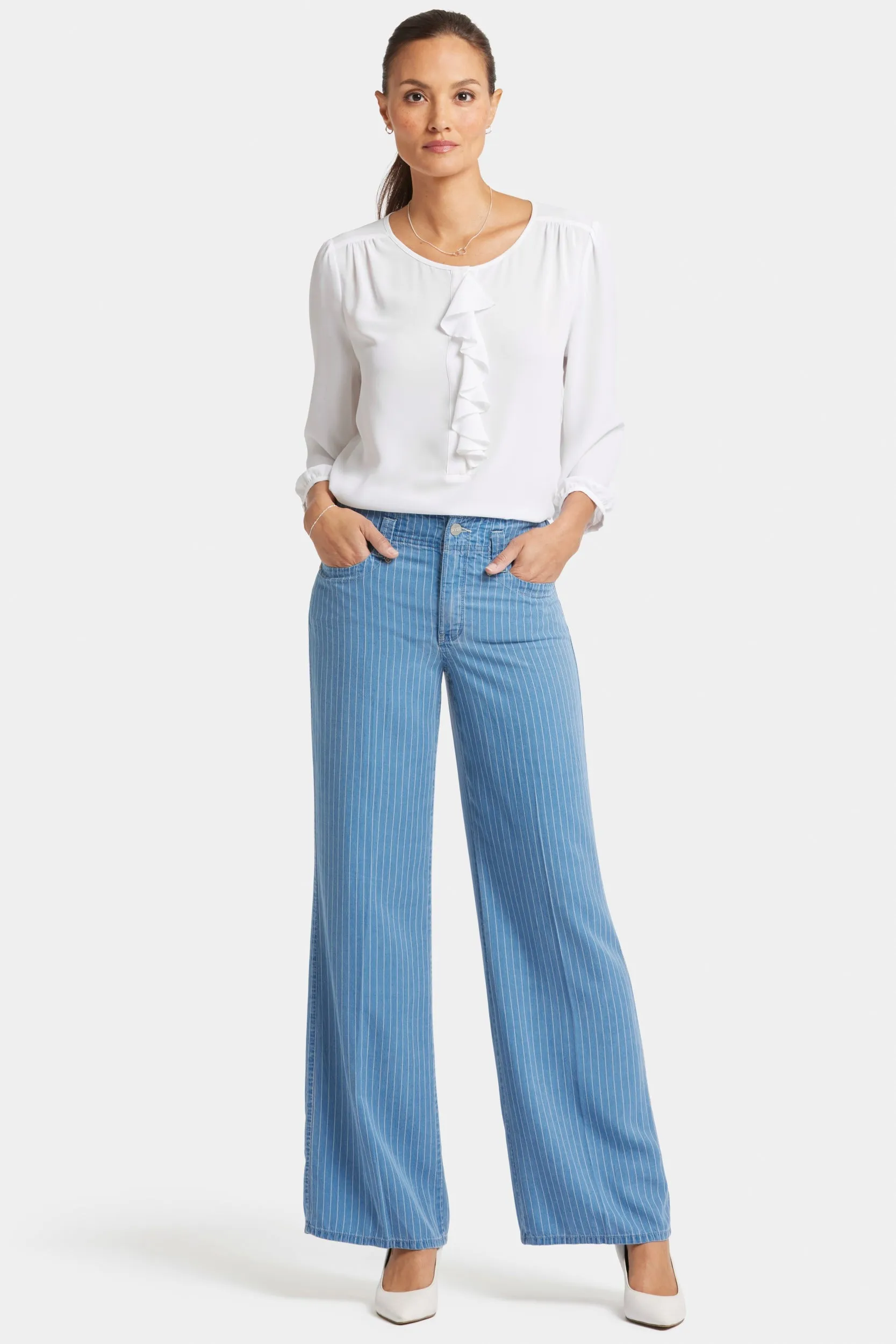 High Rise Teresa Wide Leg Jeans Lichtblauw Gestreept Premium Denim | Light Marine Stripe